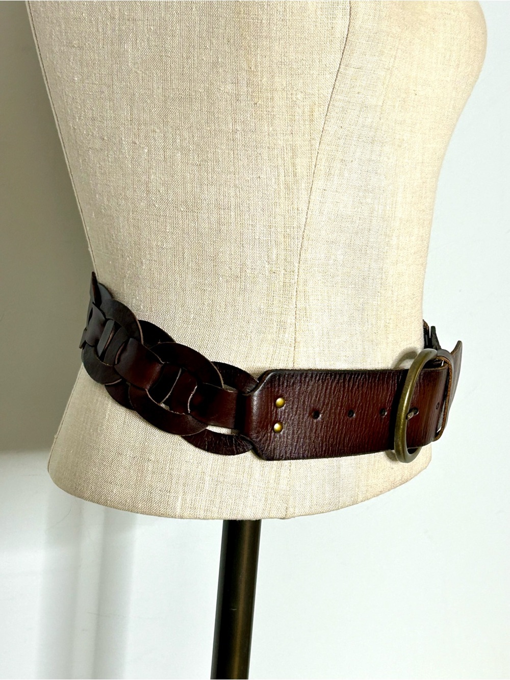American Eagle Brown Leather Boho Woven Belt Brass Buckle ~40” Long - Picture 8 of 13